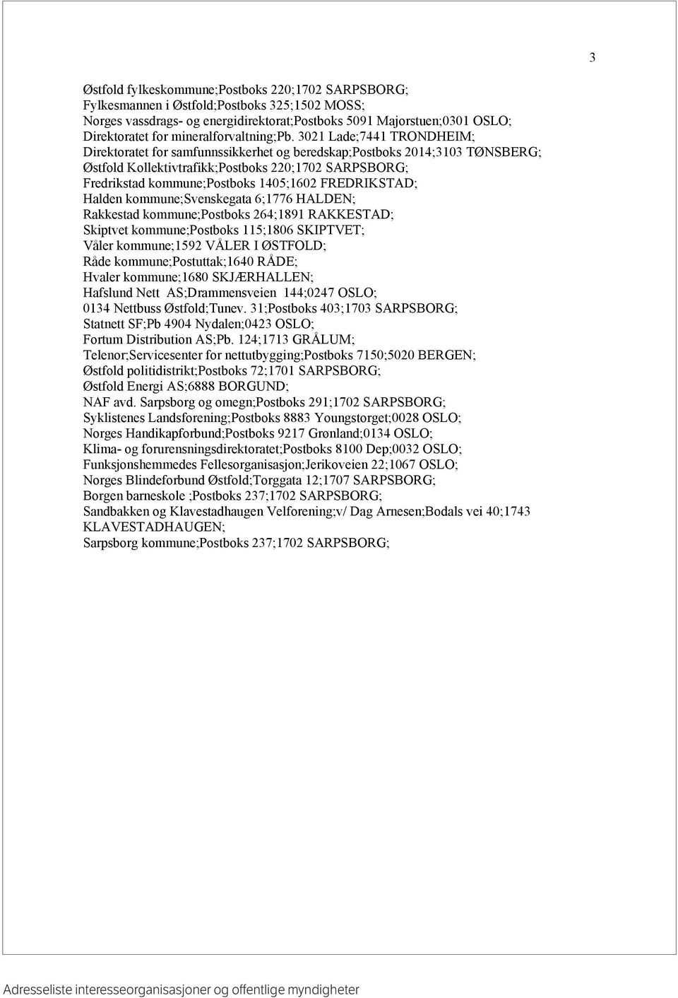 3021 Lade;7441 TRONDHEIM; Direktoratet for samfunnssikkerhet og beredskap;postboks 2014;3103 TØNSBERG; Østfold Kollektivtrafikk;Postboks 220;1702 SARPSBORG; Fredrikstad kommune;postboks 1405;1602