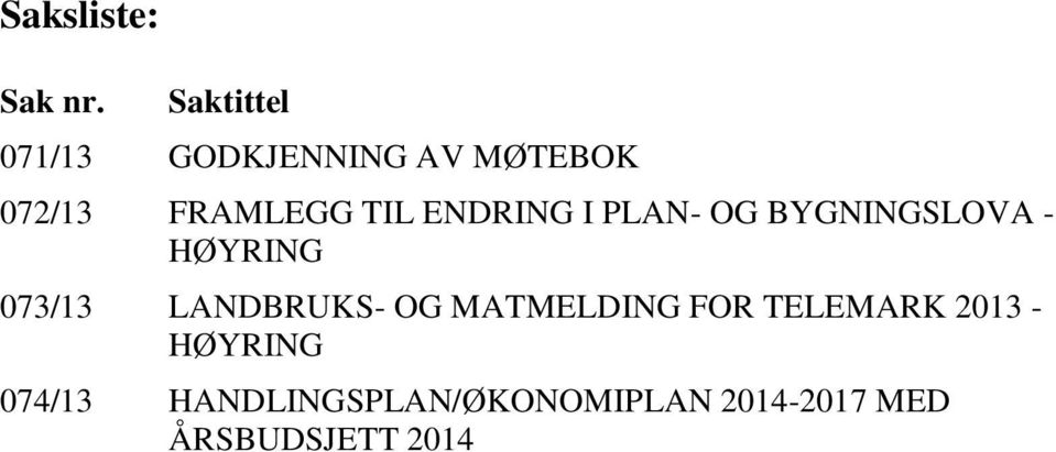 ENDRING I PLAN- OG BYGNINGSLOVA - HØYRING 073/13 LANDBRUKS-