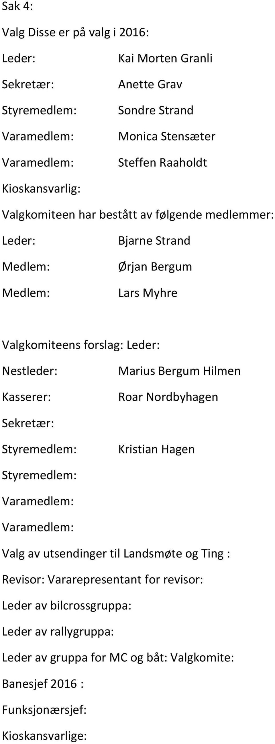 Nestleder: Kasserer: Marius Bergum Hilmen Roar Nordbyhagen Sekretær: Styremedlem: Kristian Hagen Styremedlem: Valg av utsendinger til Landsmøte og Ting :