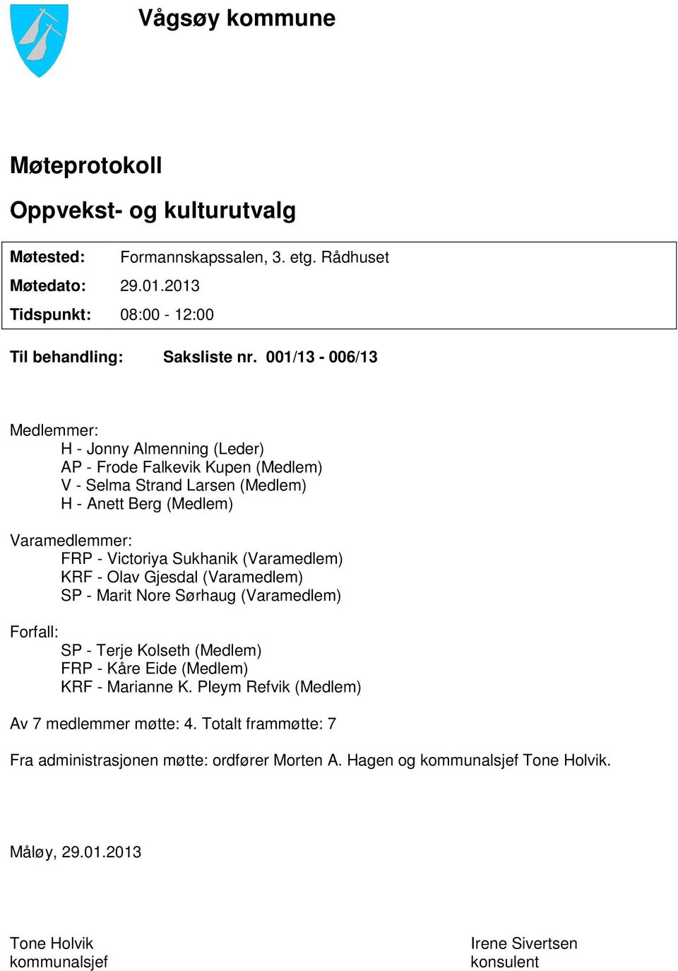 (Varamedlem) KRF - Olav Gjesdal (Varamedlem) SP - Marit Nore Sørhaug (Varamedlem) Forfall: SP - Terje Kolseth (Medlem) FRP - Kåre Eide (Medlem) KRF - Marianne K.