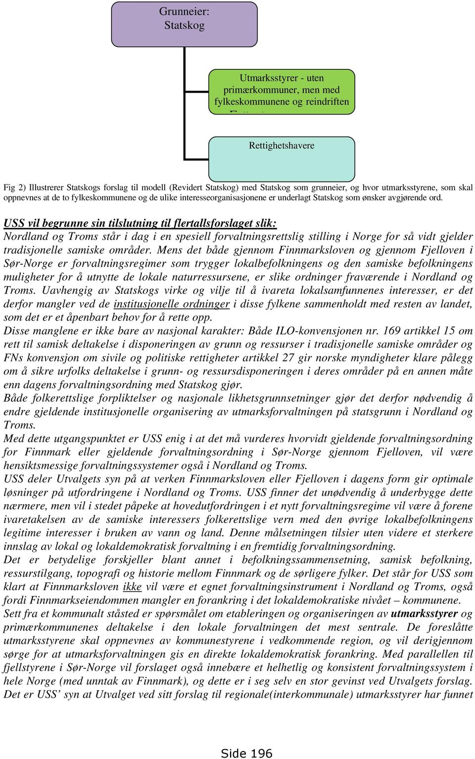 USS vil begrunne sin tilslutning til flertallsforslaget slik: Nordland og Troms står i dag i en spesiell forvaltningsrettslig stilling i Norge for så vidt gjelder tradisjonelle samiske områder.