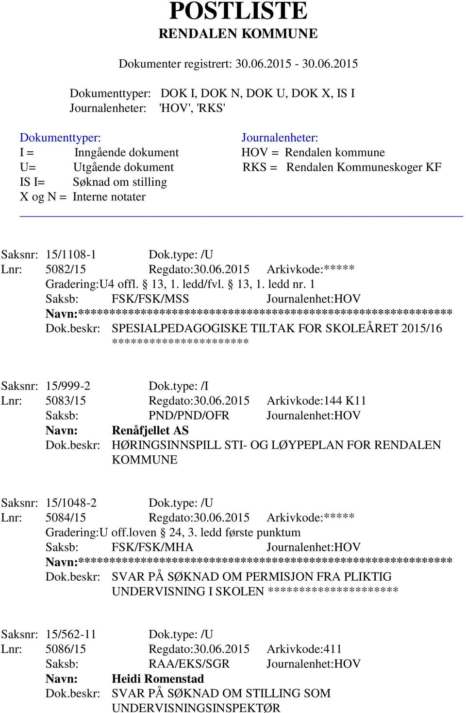 beskr: SPESIALPEDAGOGISKE TILTAK FOR SKOLEÅRET 2015/16 ********************** Saksnr: 15/999-2 Dok.type: /I Lnr: 5083/15 Regdato:30.06.