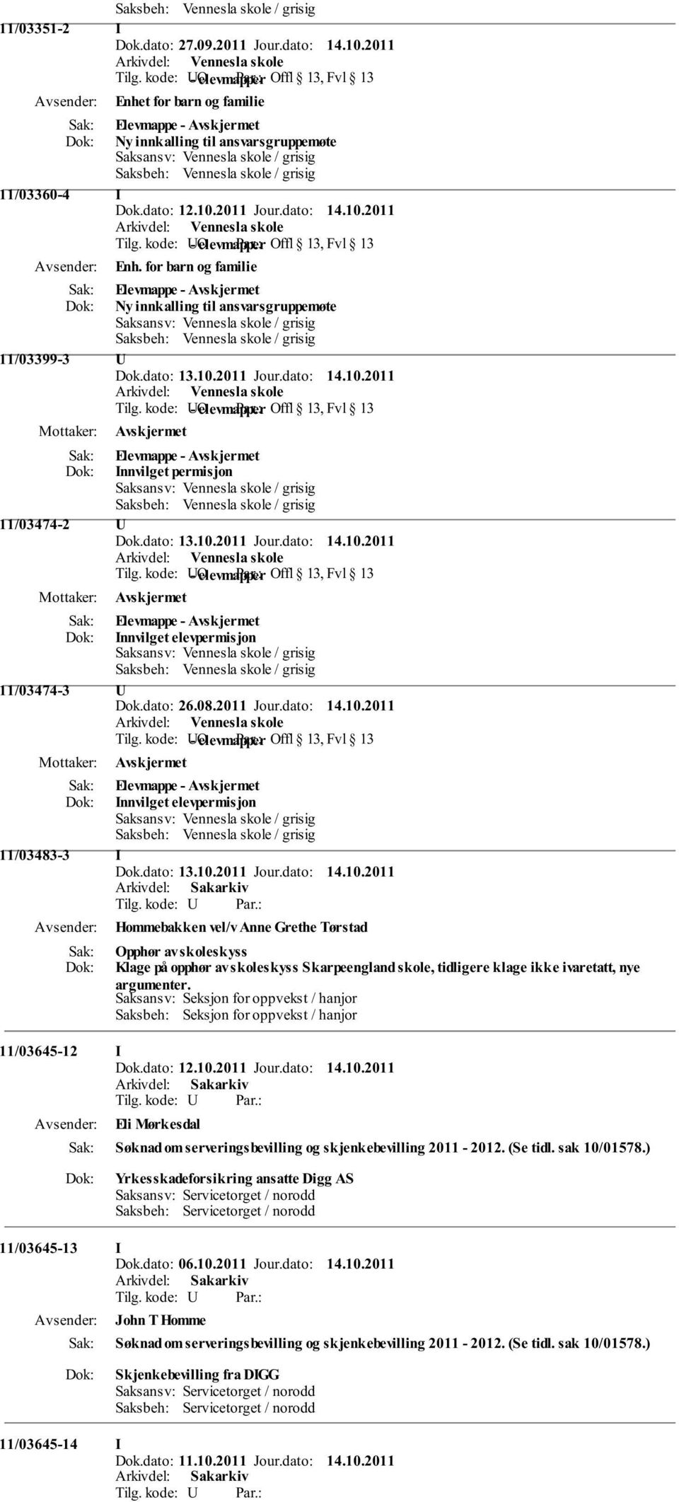 for barn og familie Ny innkalling til ansvarsgruppemøte 11/03399-3 Tilg. kode: O - elevmapper Offl 13, Fvl 13 Innvilget permisjon 11/03474-2 Tilg.