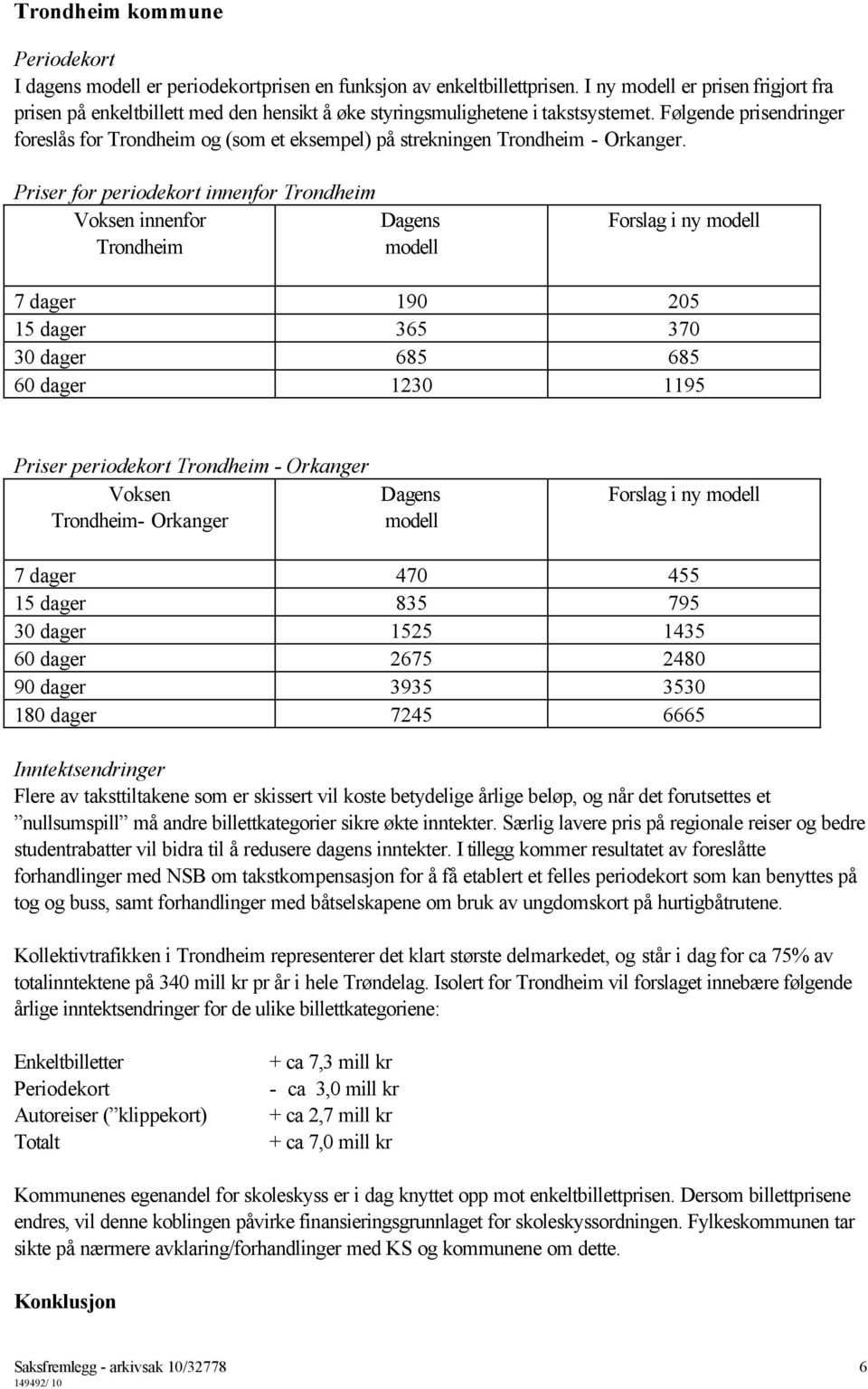 Følgende prisendringer foreslås for Trondheim og (som et eksempel) på strekningen Trondheim - Orkanger.