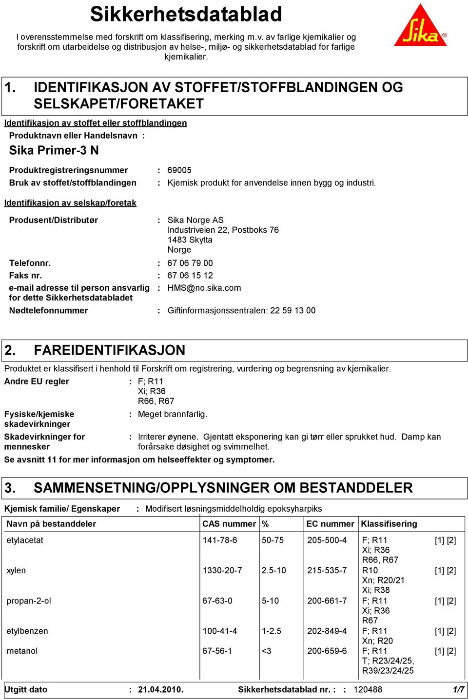 av stoffet/stoffblandingen Identifikasjon av selskap/foretak Produsent/Distributør Nødtelefonnummer Sika Norge AS Industriveien 22, Postboks 76 148 Skytta Norge Telefonnr. 67 06 79 00 Faks nr.