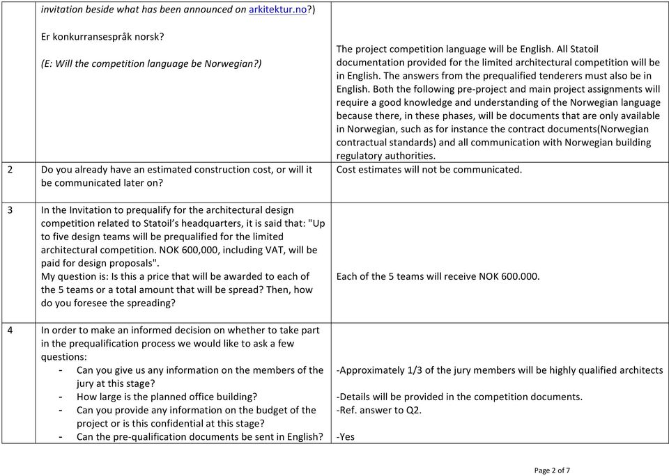 3 In the Invitation to prequalify for the architectural design competition related to Statoil s headquarters, it is said that: "Up to five design teams will be prequalified for the limited