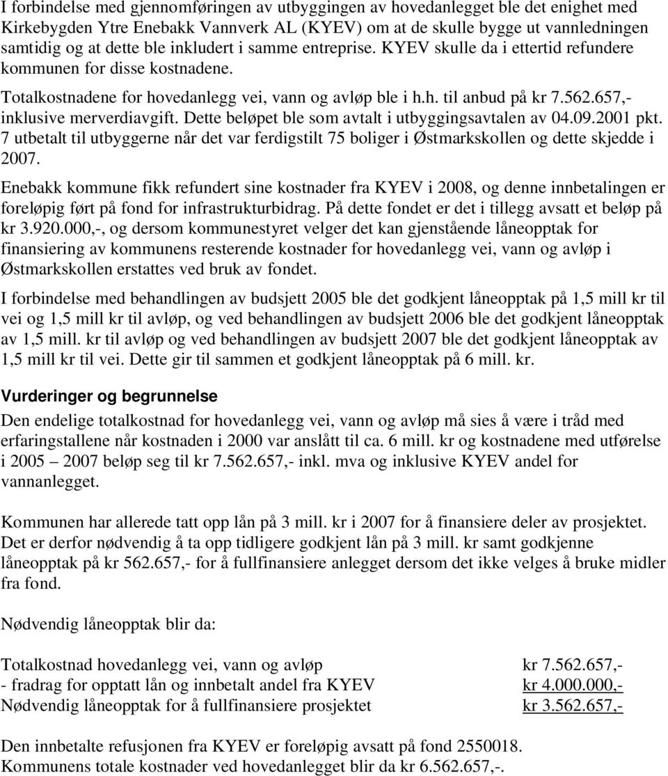 657,- inklusive merverdiavgift. Dette beløpet ble som avtalt i utbyggingsavtalen av 04.09.2001 pkt.