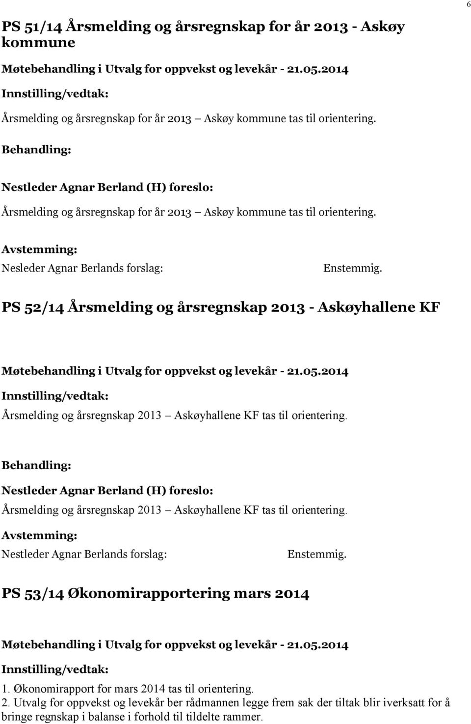 Nesleder Agnar Berlands forslag: PS 52/14 Årsmelding og årsregnskap 2013 - Askøyhallene KF Årsmelding og årsregnskap 2013 Askøyhallene KF tas til orientering.