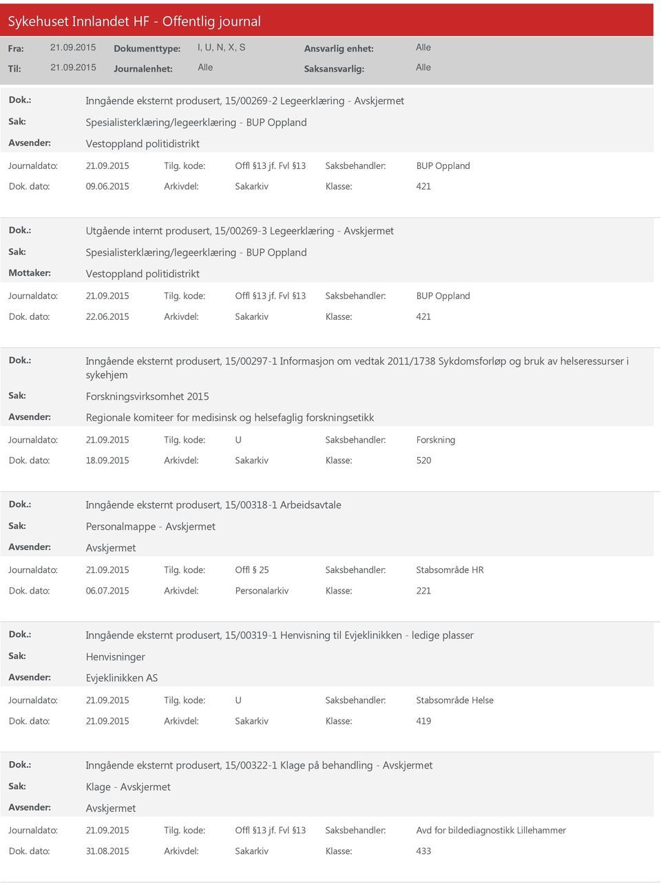2015 Arkivdel: Sakarkiv 421 Inngående eksternt produsert, 15/00297-1 Informasjon om vedtak 2011/1738 Sykdomsforløp og bruk av helseressurser i sykehjem Forskningsvirksomhet 2015 Regionale komiteer