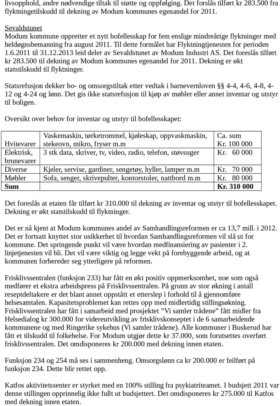 2011 til 31.12.2013 leid deler av Sevaldstunet av Modum Industri AS. Det foreslås tilført kr 283.500 til dekning av Modum kommunes egenandel for 2011. Dekning er økt statstilskudd til flyktninger.