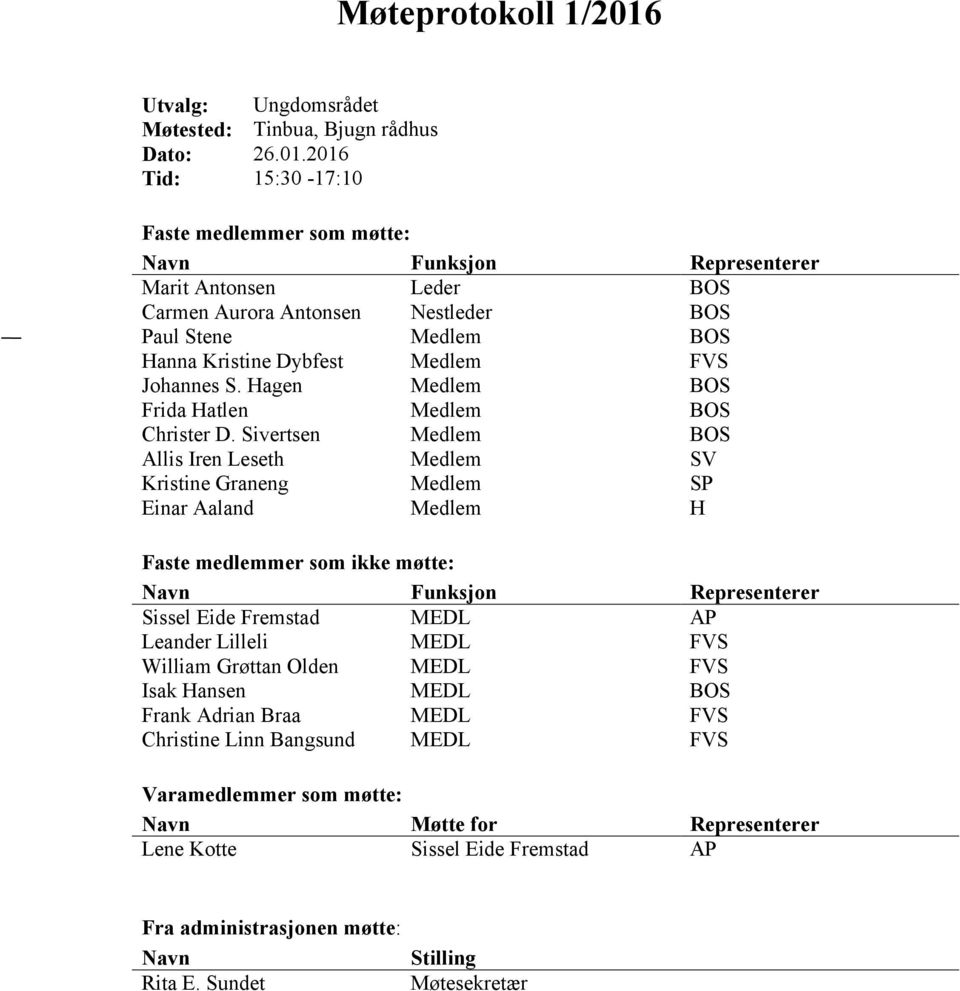 2016 Tid: 15:30-17:10 Faste medlemmer som møtte: Navn Funksjon Representerer Marit Antonsen Leder BOS Carmen Aurora Antonsen Nestleder BOS Paul Stene Medlem BOS Hanna Kristine Dybfest Medlem FVS