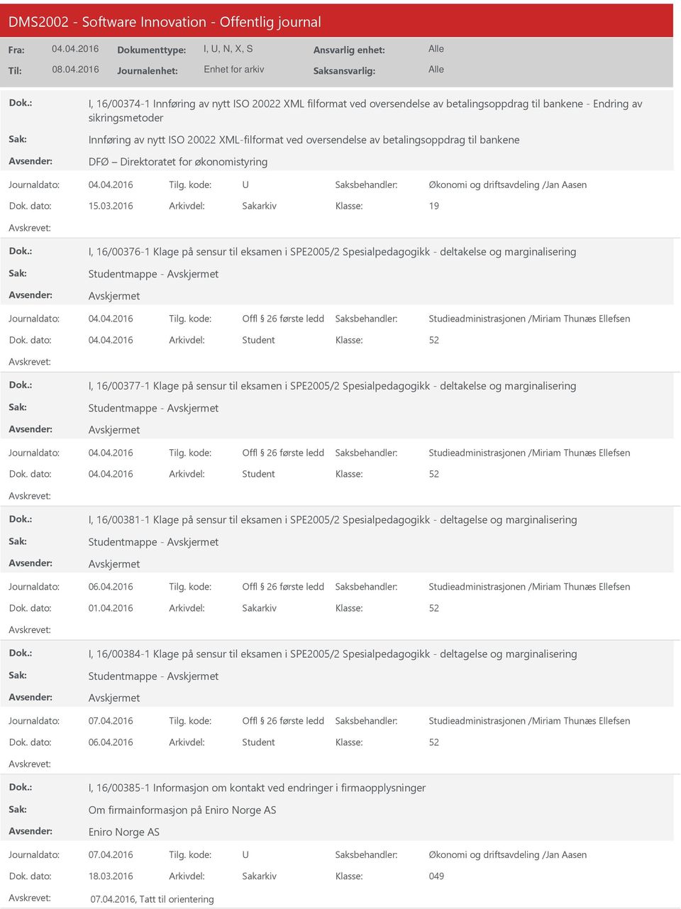 2016 Arkivdel: Sakarkiv 19 I, 16/00376-1 Klage på sensur til eksamen i SPE2005/2 Spesialpedagogikk - deltakelse og marginalisering Dok.