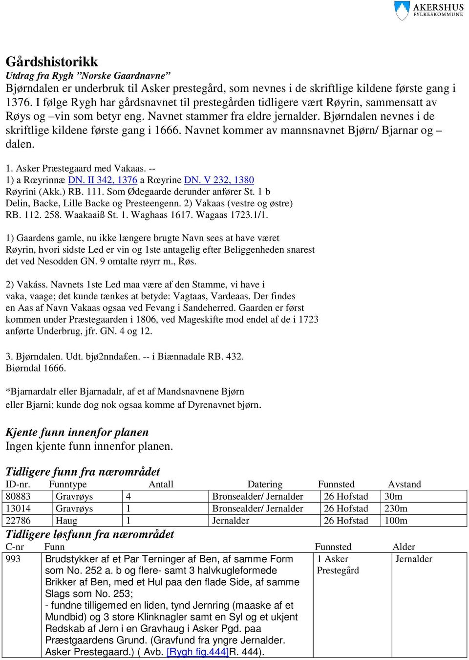 Bjørndalen nevnes i de skriftlige kildene første gang i 1666. Navnet kommer av mannsnavnet Bjørn/ Bjarnar og dalen. 1. Asker Præstegaard med Vakaas. -- 1) a Rœyrinnæ DN. II 342, 1376 a Rœyrine DN.