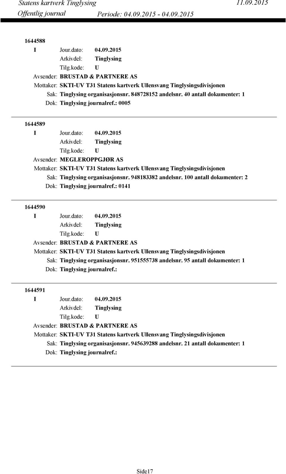 100 antall dokumenter: 2 Dok: journalref.: 0141 1644590 Avsender: BRSTAD & PARTNERE AS Mottaker: SKTI-V T31 Statens kartverk llensvang sdivisjonen organisasjonsnr. 951555738 andelsnr.