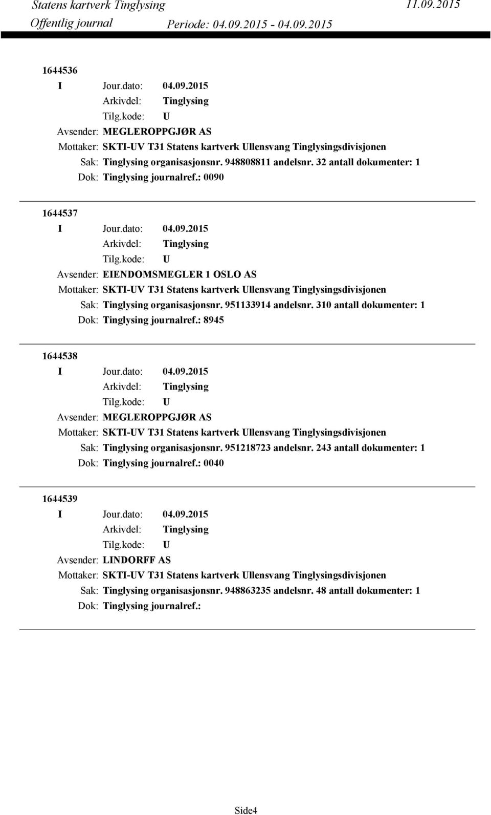 310 antall dokumenter: 1 Dok: journalref.: 8945 1644538 Avsender: MEGLEROPPGJØR AS Mottaker: SKTI-V T31 Statens kartverk llensvang sdivisjonen organisasjonsnr. 951218723 andelsnr.