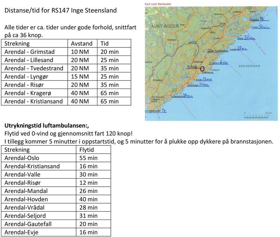 Kragerø 4 NM 65 min Arendal - Kristiansand 4 NM 65 min Utrykningstid luftambulansen:, Flytid ved -vind og gjennomsnitt fart 12 knop!