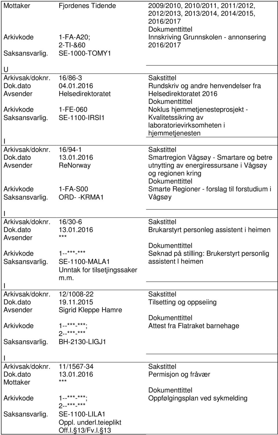 2016 Rundskriv og andre henvendelser fra Avsender Helsedirektoratet Helsedirektoratet 2016 1-FE-060 Noklus hjemmetjenesteprosjekt - SE-1100-RS1 Kvalitetssikring av laboratorievirksomheten i