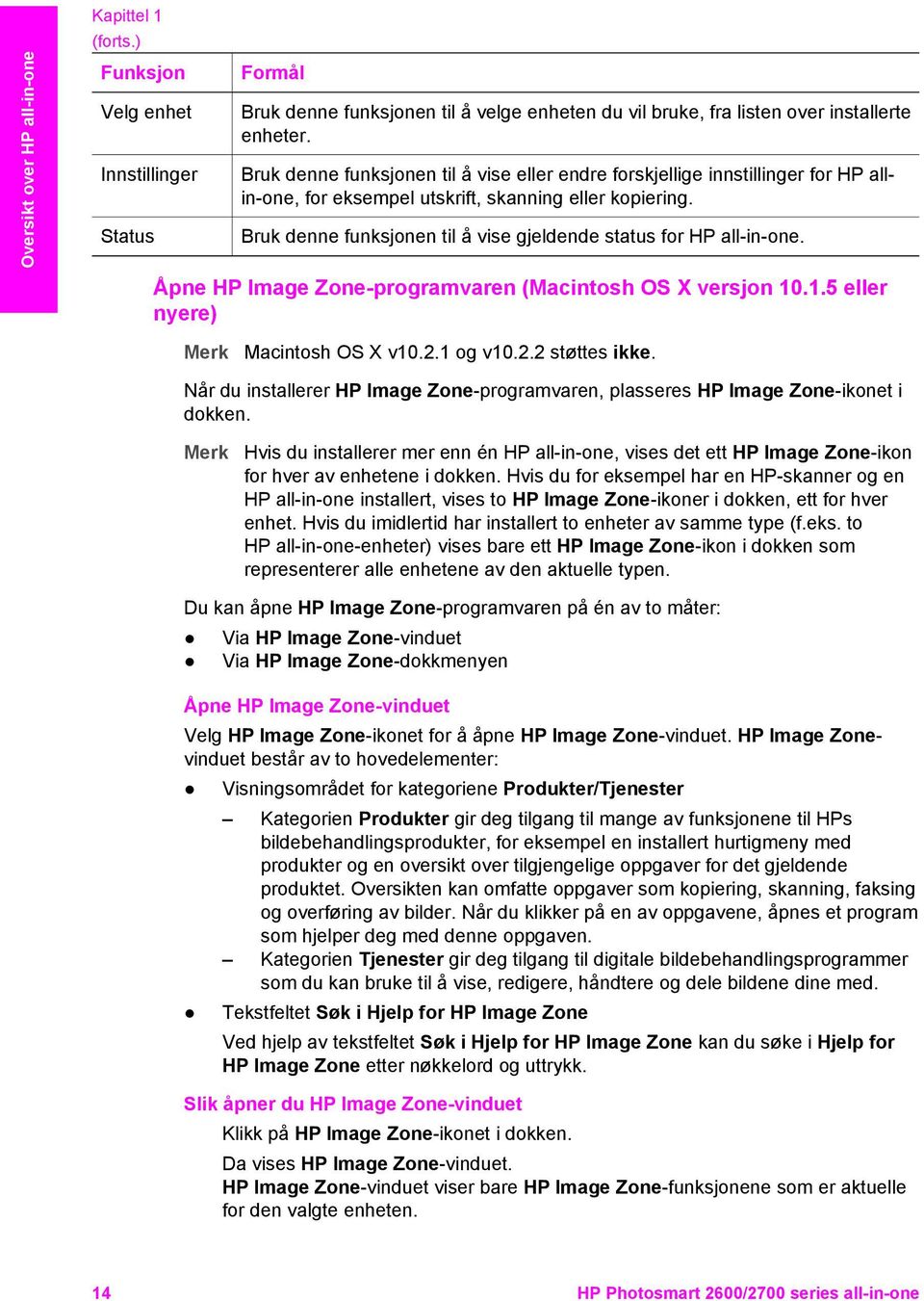 Bruk denne funksjonen til å vise gjeldende status for HP all-in-one. Åpne HP Image Zone-programvaren (Macintosh OS X versjon 10.1.5 eller nyere) Macintosh OS X v10.2.1 og v10.2.2 støttes ikke.