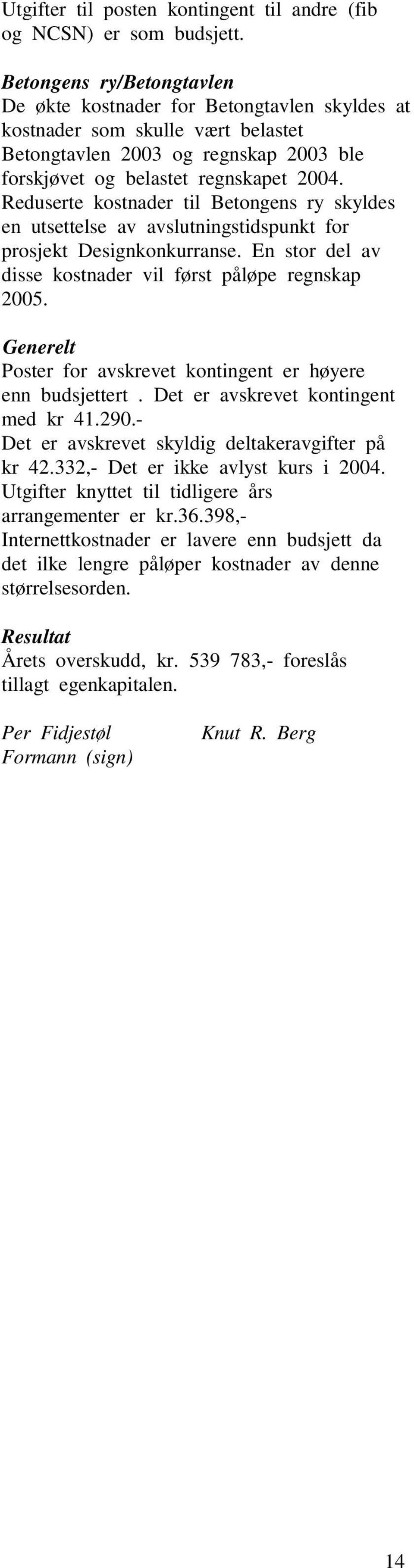 Reduserte kostnader til Betongens ry skyldes en utsettelse av avslutningstidspunkt for prosjekt Designkonkurranse. En stor del av disse kostnader vil først påløpe regnskap 2005.