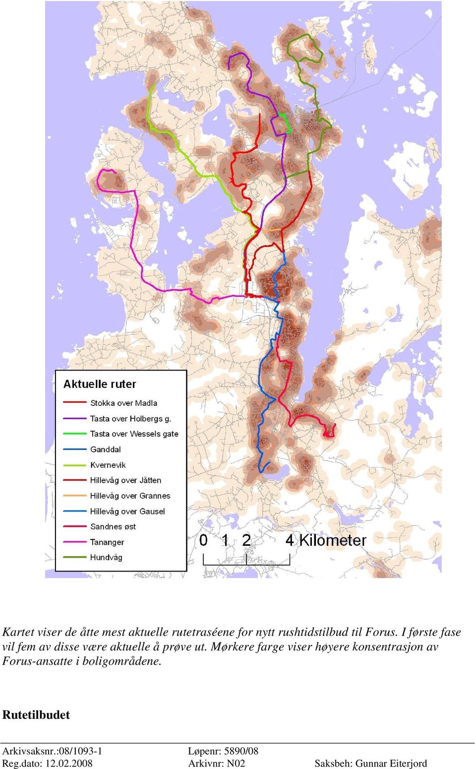 Mørkere farge viser høyere konsentrasjon av Forus-ansatte i boligområdene.