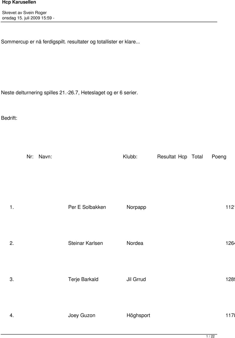 Bedrift: Nr: Navn: Klubb: Resultat Hcp Total Poeng 1.