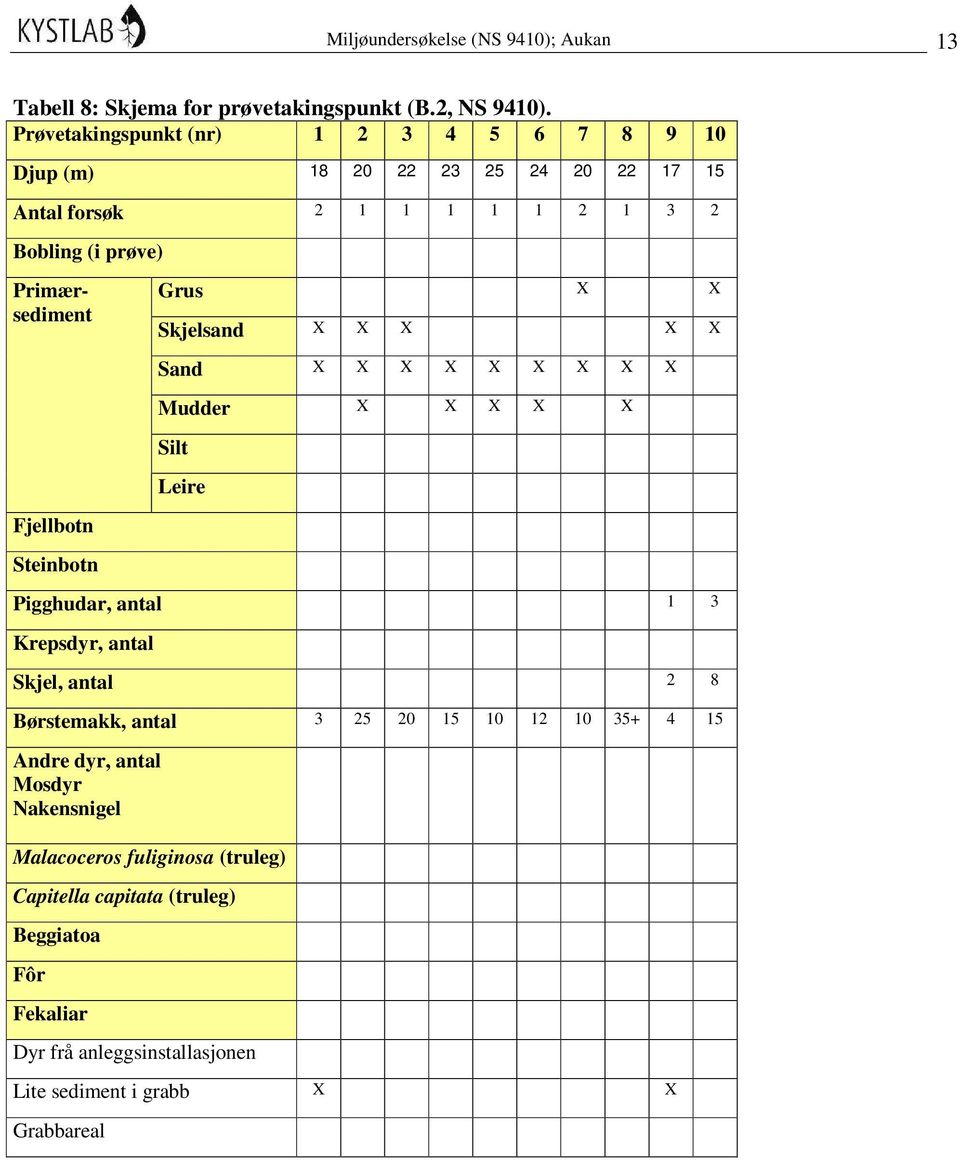 X Skjelsand X X X X X Sand X X X X X X X X X Mudder X X X X X Silt Leire Fjellbotn Steinbotn Pigghudar, antal 1 3 Krepsdyr, antal Skjel, antal 2 8