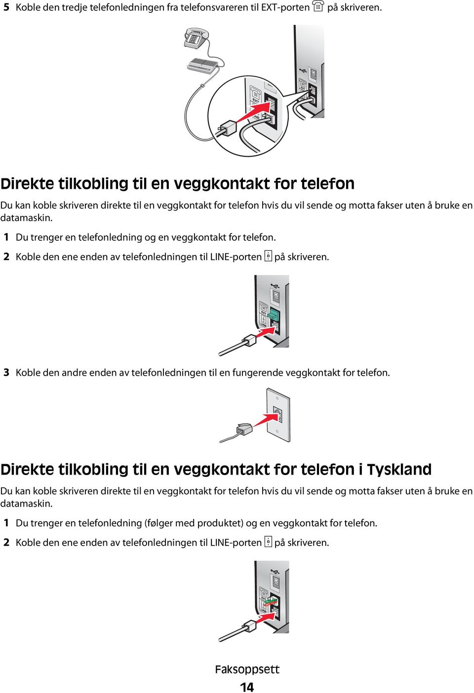 1 Du trenger en telefonledning og en veggkontakt for telefon. 2 Koble den ene enden av telefonledningen til LINE-porten på skriveren.