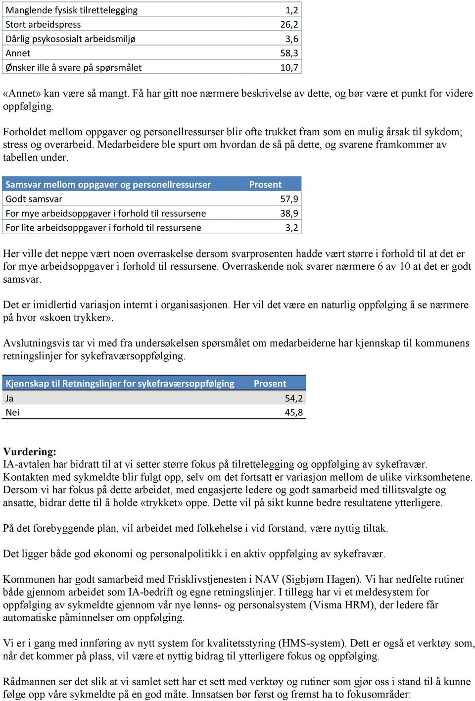 Forholdet mellom oppgaver og personellressurser blir ofte trukket fram som en mulig årsak til sykdom; stress og overarbeid.