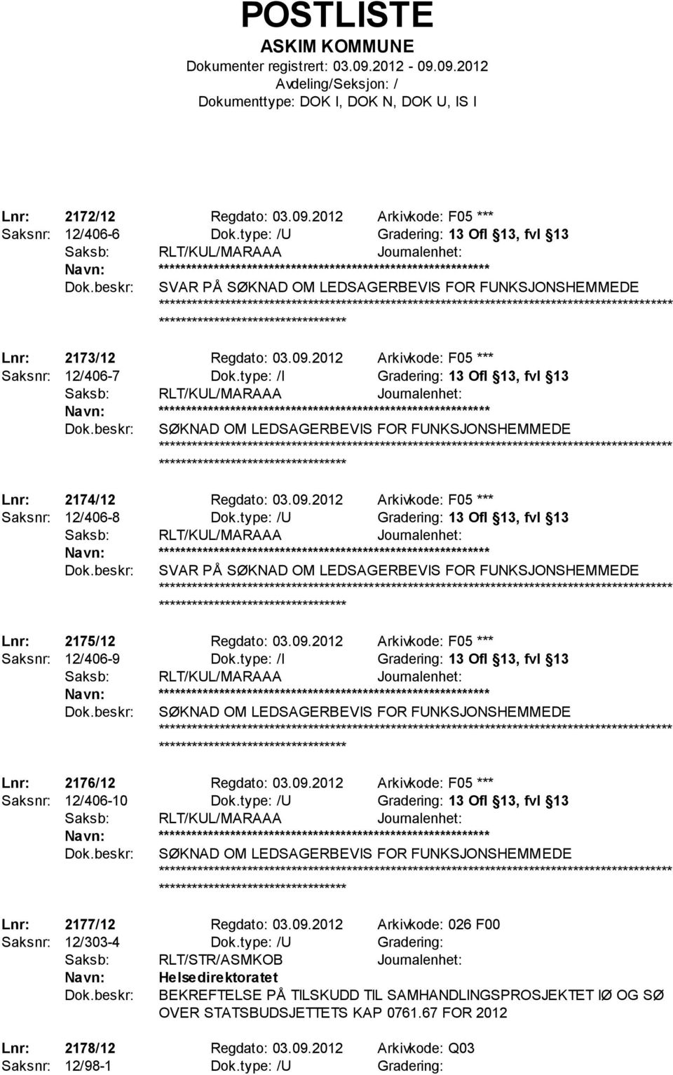 Regdato: 03.09.2012 Arkivkode: F05 *** Saksnr: 12/406-7 Dok.