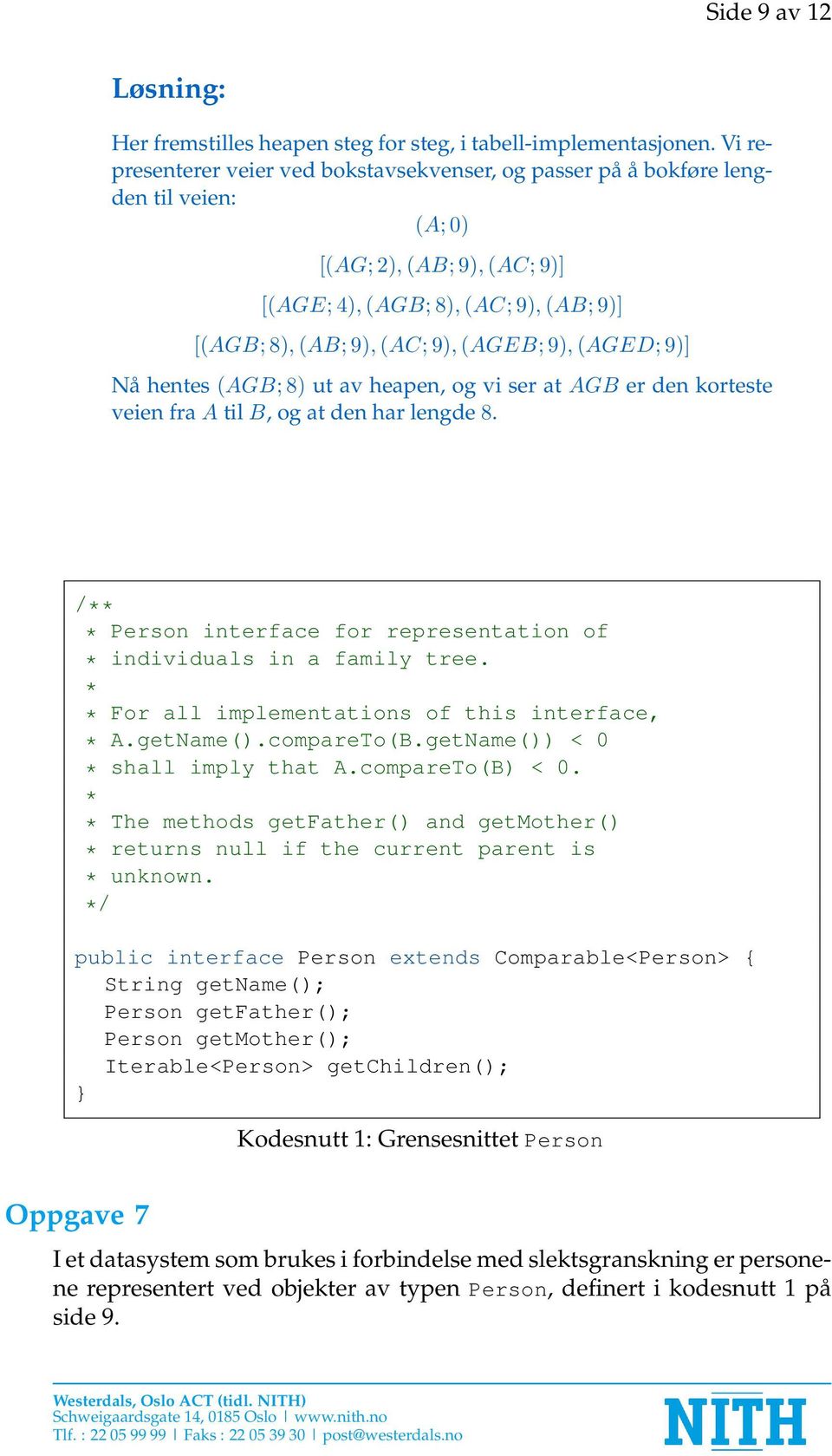 9), (AGED; 9)] Nå hentes (AGB; 8) ut av heapen, og vi ser at AGB er den korteste veien fra A til B, og at den har lengde 8. /** * Person interface for representation of * individuals in a family tree.