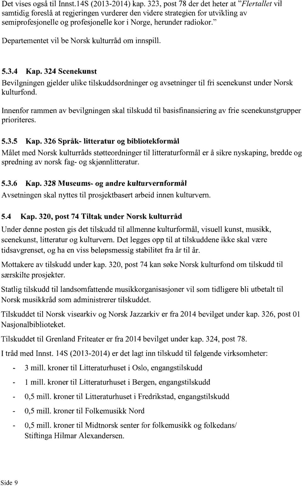 " Departementet vil be Norsk kulturråd om innspill. 5.3.4 Kap. 324 Scenekunst Bevilgningen gjelder ulike tilskuddsordninger og avsetninger til fri scenekunst under Norsk kulturfond.