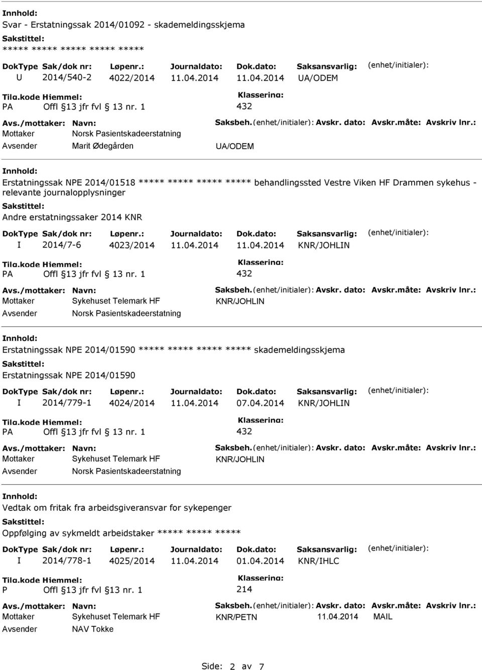 Andre erstatningssaker 2014 KNR 2014/7-6 4023/2014 KNR/JOHLN Avs./mottaker: Navn: Saksbeh. Avskr. dato: Avskr.måte: Avskriv lnr.