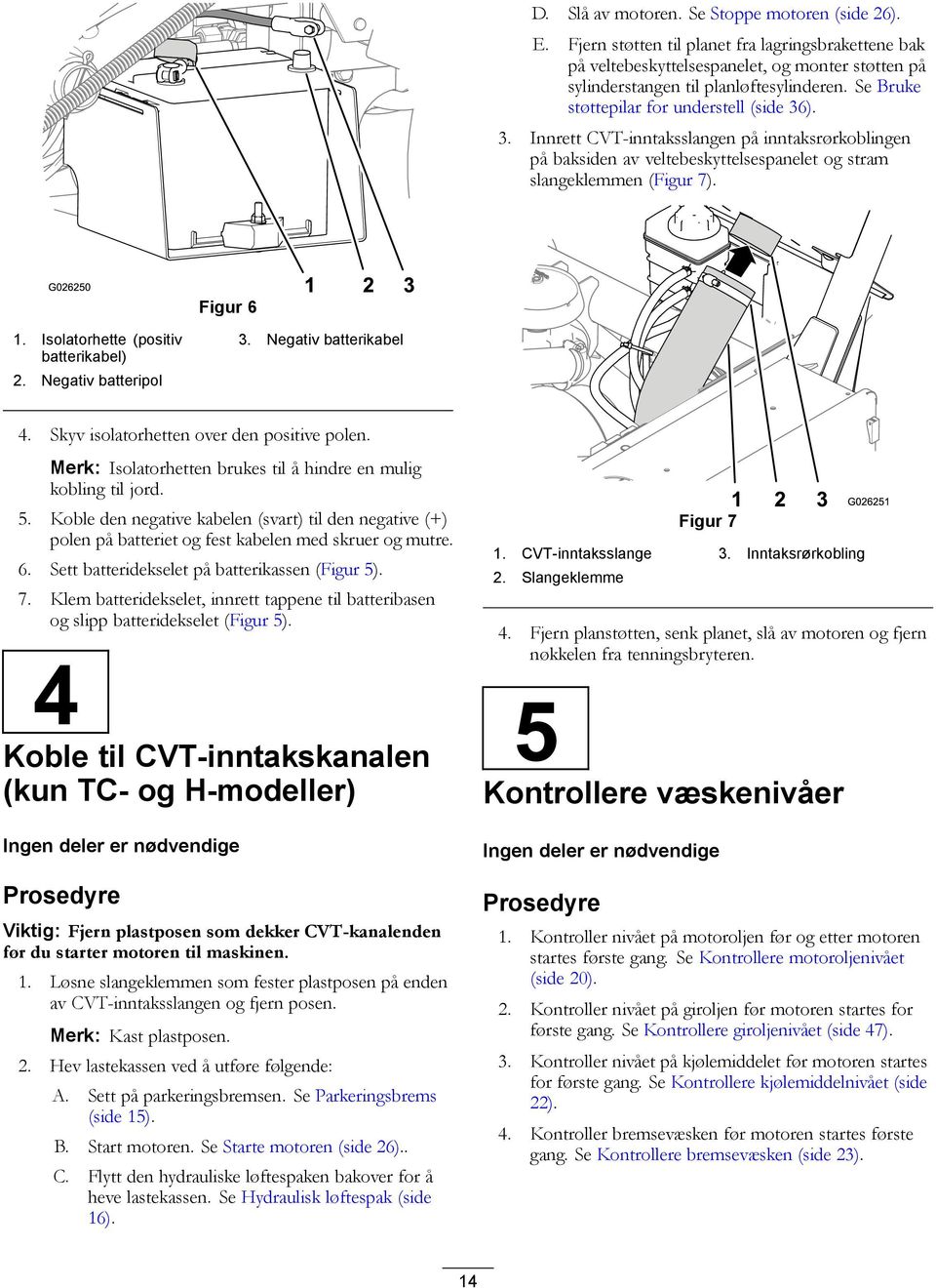 Isolatorhette (positiv batterikabel) 2. Negativ batteripol 3. Negativ batterikabel 4. Skyv isolatorhetten over den positive polen. Merk: Isolatorhetten brukes til å hindre en mulig kobling til jord.