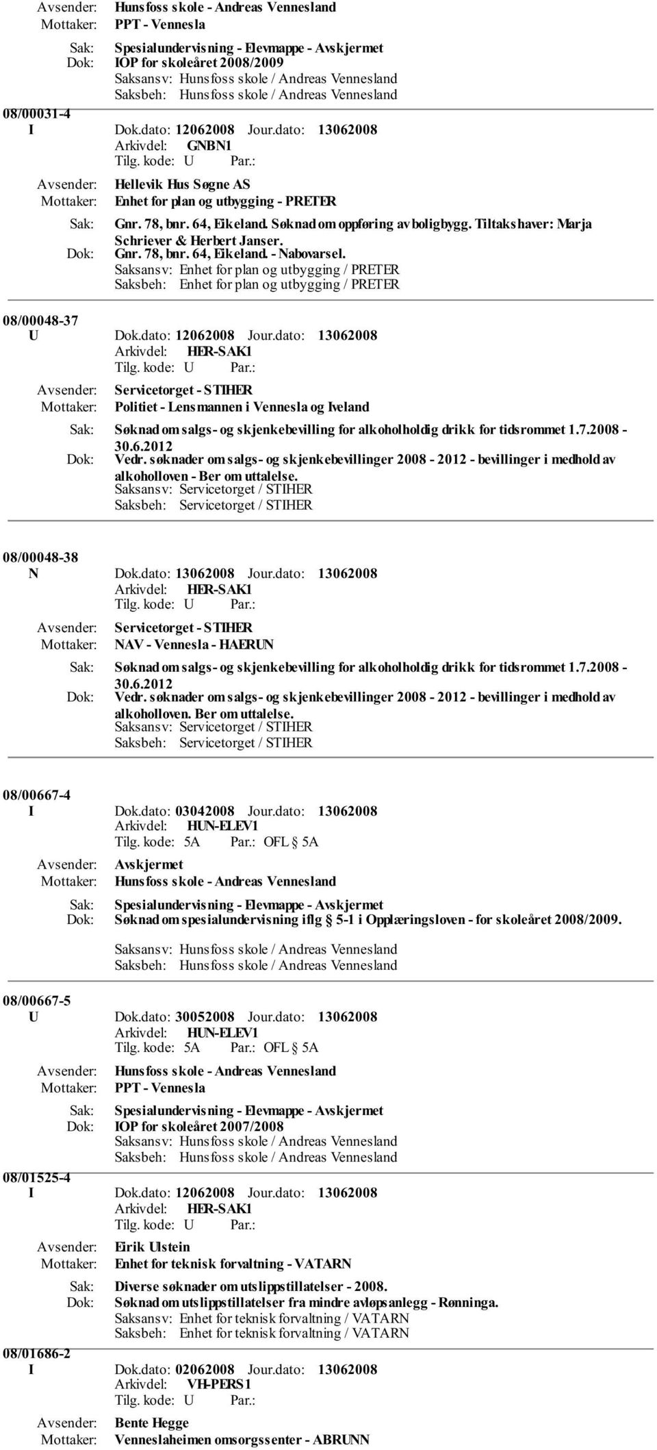 dato: Arkivdel: HER-SAK1 Servicetorget - STIHER Politiet - Lensmannen i Vennesla og Iveland Søknad om salgs- og skjenkebevilling for alkoholholdig drikk for tidsrommet 1.7.2008-30.6.2012 Vedr.