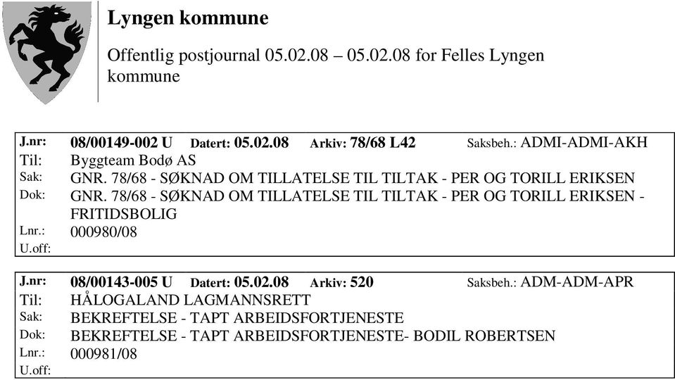 78/68 - SØKNAD OM TILLATELSE TIL TILTAK - PER OG TORILL ERIKSEN - FRITIDSBOLIG Lnr.: 000980/08 J.