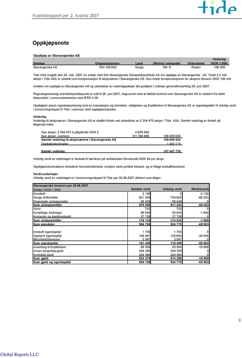 Den totale kompensasjonen for aksjene tilsvarer NOK 106 mill. Avtalen om oppkjøp av Stavangerske AS og utstedelse av vederlagsaksjer ble godkjent i ordinær generalforsamling 26. juni 2007.