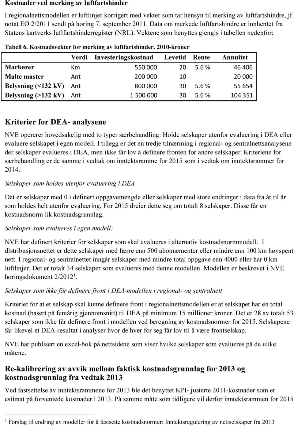 2010-kroner Verdi Inveseringskosnad Leveid Rene Annuie Markører Km 550 000 20 5.6 % 46 406 Male maser An 200 000 10 20 000 Belysning (<132 kv) An 800 000 30 5.