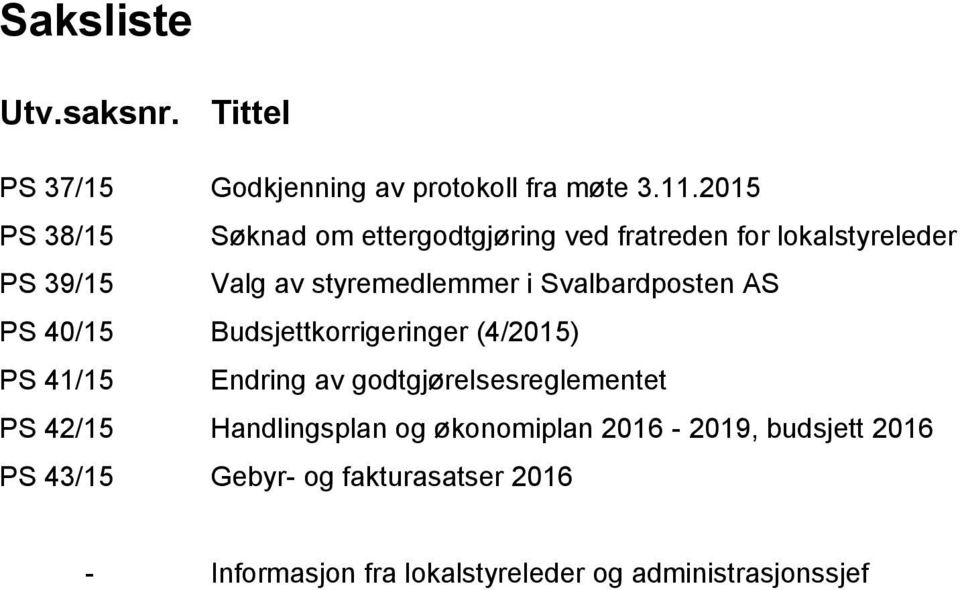 Svalbardposten AS PS 40/15 Budsjettkorrigeringer (4/2015) PS 41/15 Endring av godtgjørelsesreglementet PS 42/15