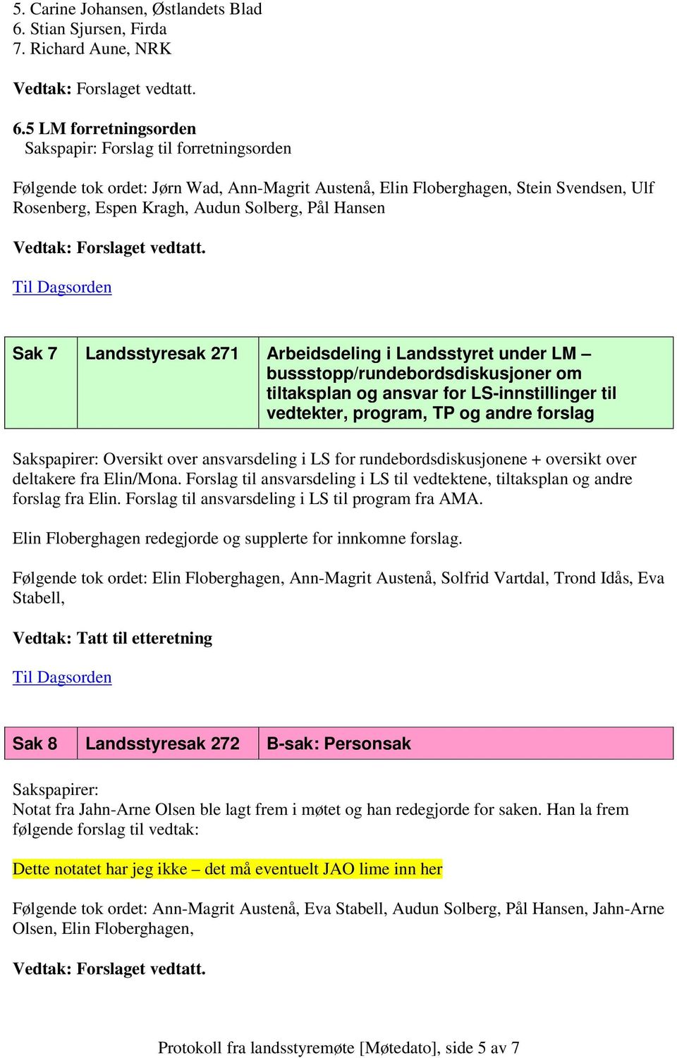 Hansen Sak 7 Landsstyresak 271 Arbeidsdeling i Landsstyret under LM bussstopp/rundebordsdiskusjoner om tiltaksplan og ansvar for LS-innstillinger til vedtekter, program, TP og andre forslag
