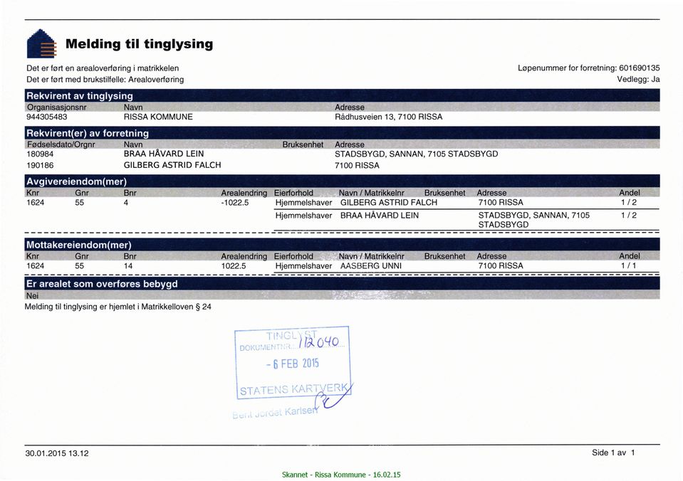 GILBERG ASTRID FALCH 7100 RISSA Avgivereiendom(mer) Knr Gnr Bnr Arealendring Eierforhold Navn /Matrikkelnr Bruksenhet Andel 1624 55 4-1022.