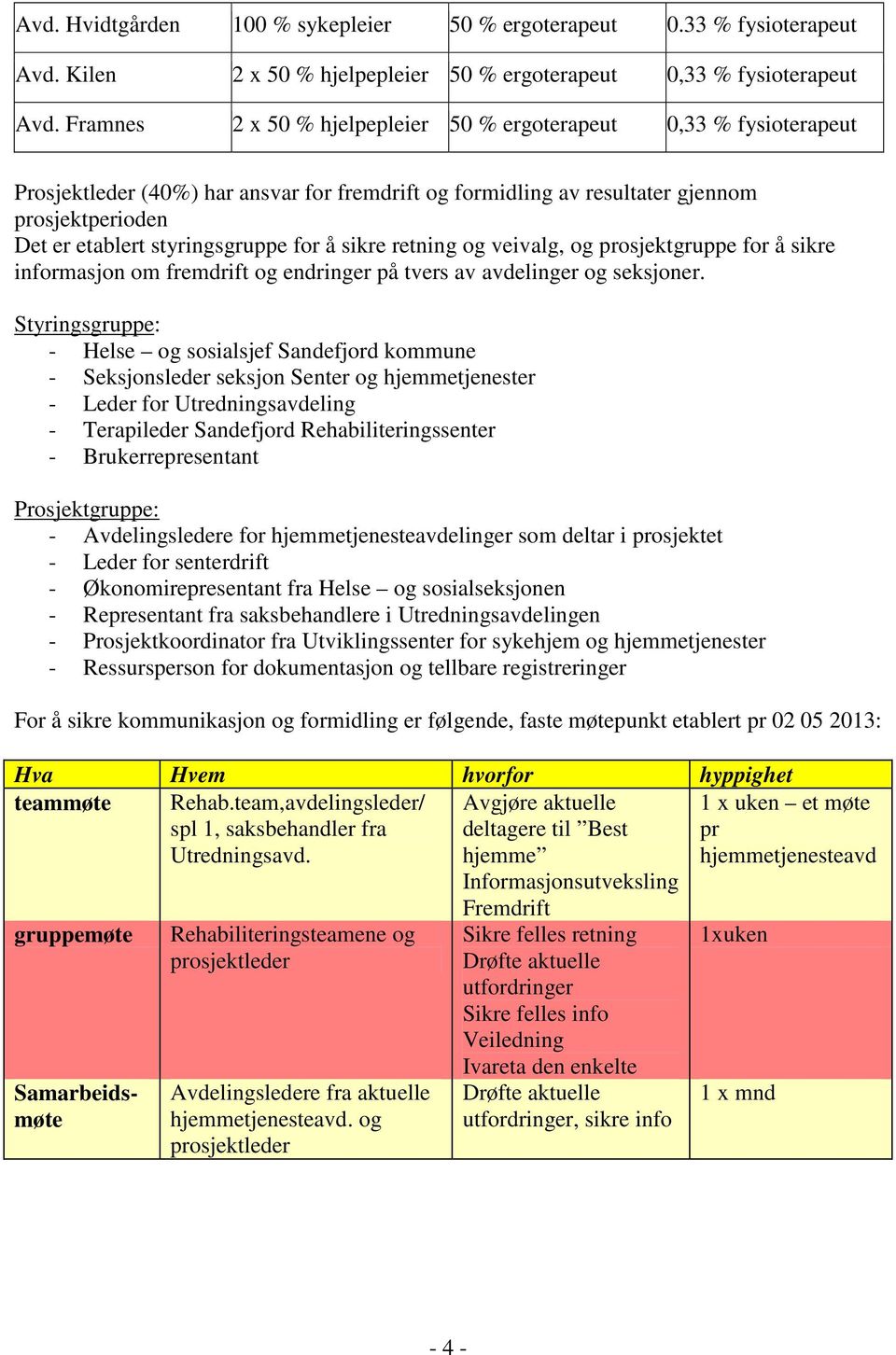 for å sikre retning og veivalg, og prosjektgruppe for å sikre informasjon om fremdrift og endringer på tvers av avdelinger og seksjoner.