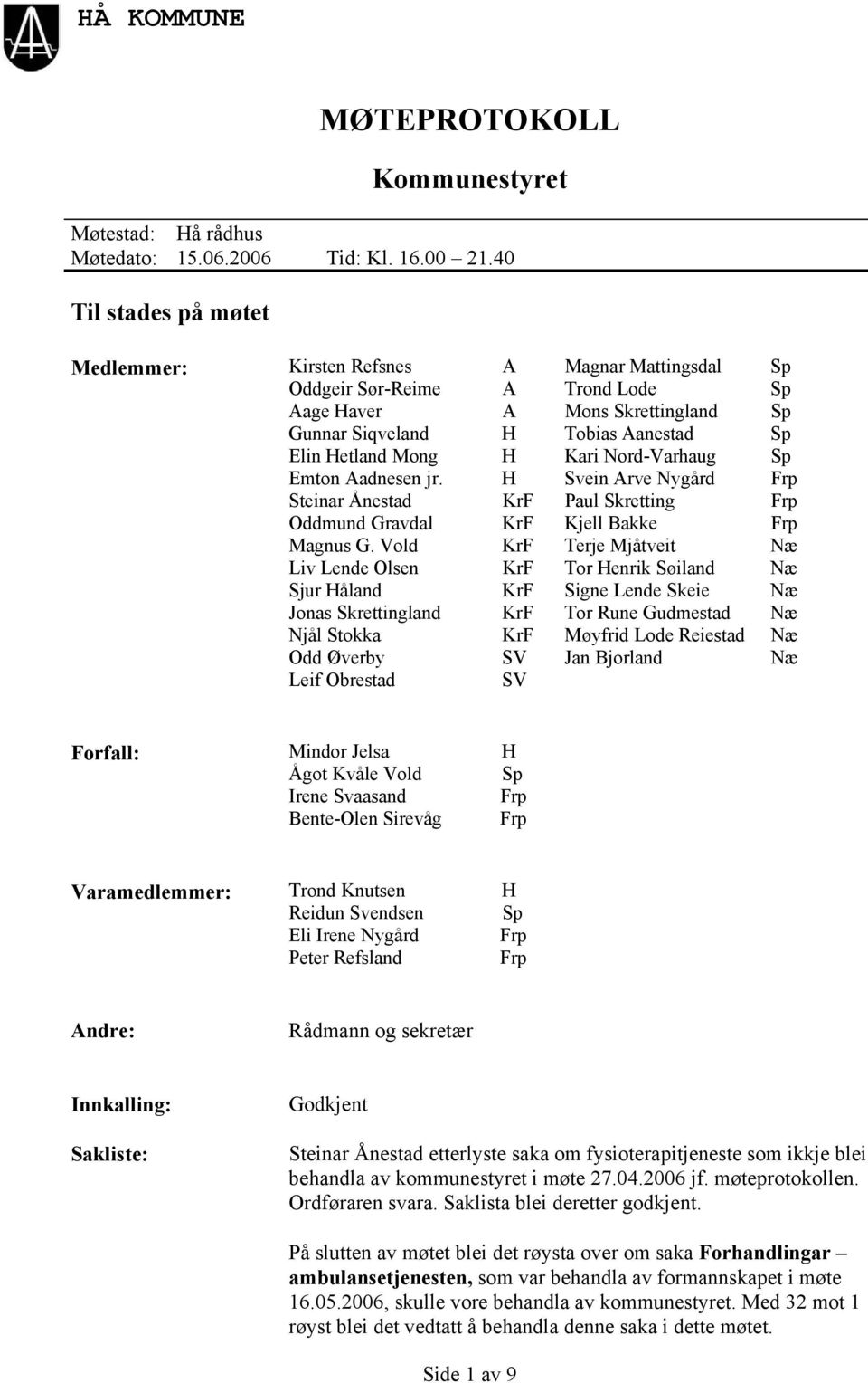 H Kari Nord-Varhaug Sp Emton Aadnesen jr. H Svein Arve Nygård Frp Steinar Ånestad KrF Paul Skretting Frp Oddmund Gravdal KrF Kjell Bakke Frp Magnus G.