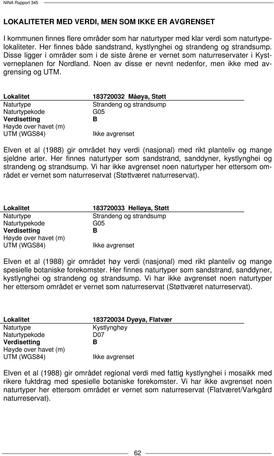 Noen av disse er nevnt nedenfor, men ikke med avgrensing og UTM.