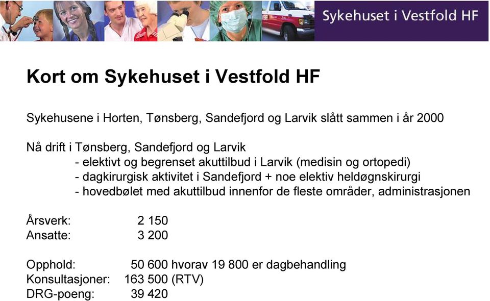 aktivitet i Sandefjord + noe elektiv heldøgnskirurgi - hovedbølet med akuttilbud innenfor de fleste områder,