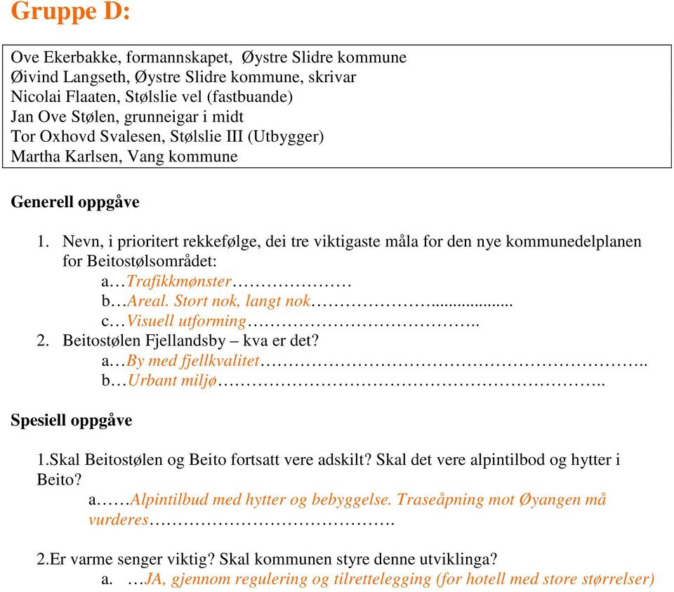 . a By med fjellkvalitet.. b Urbant miljø.. 1.Skal Beitostølen og Beito fortsatt vere adskilt? Skal det vere alpintilbod og hytter i Beito?