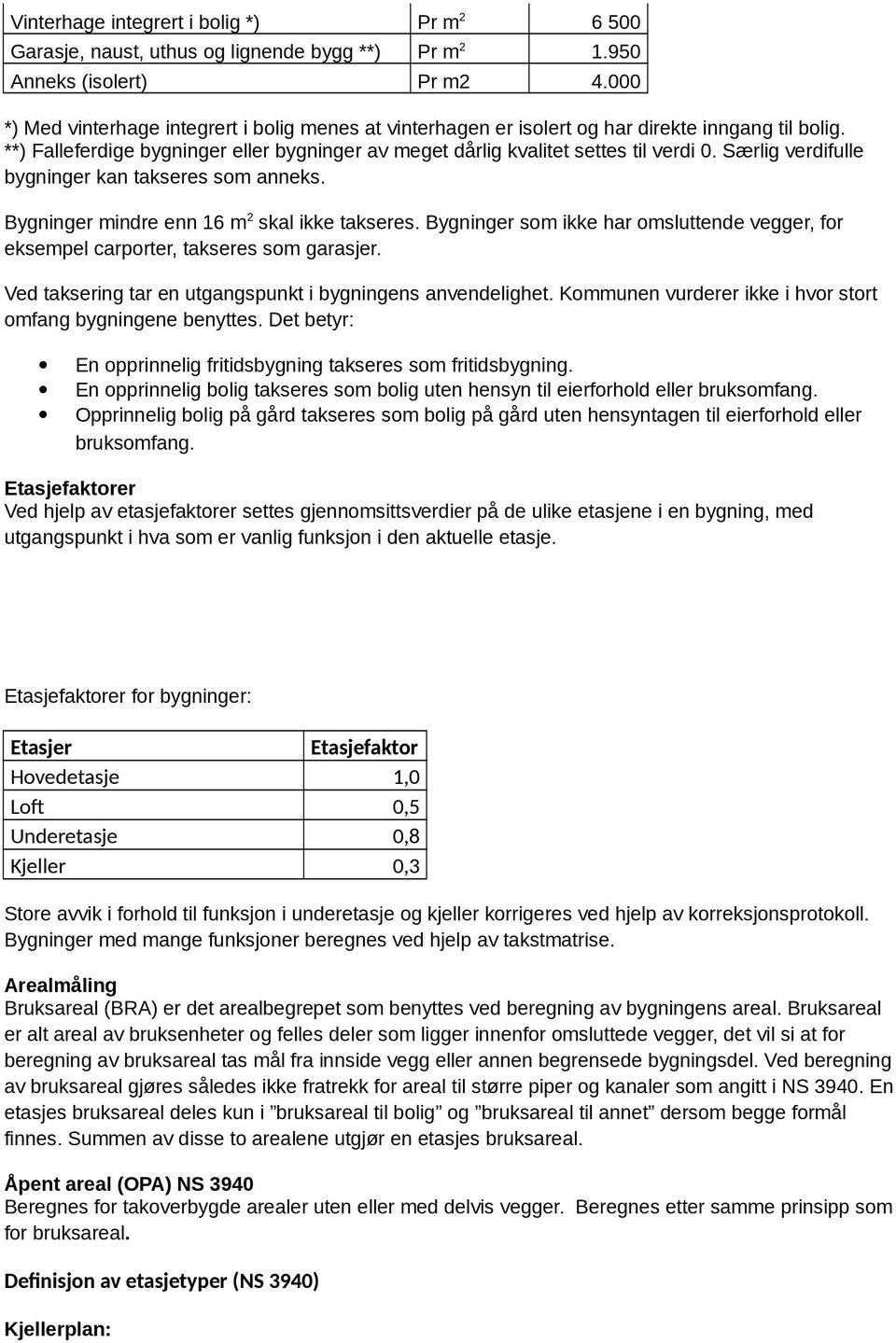 Særlig verdifulle bygninger kan takseres som anneks. Bygninger mindre enn 16 m 2 skal ikke takseres. Bygninger som ikke har omsluttende vegger, for eksempel carporter, takseres som garasjer.