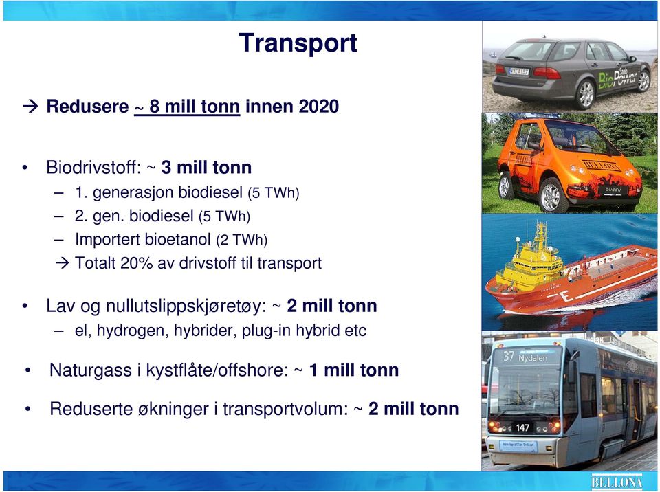 biodiesel (5 TWh) Importert bioetanol (2 TWh) Totalt 20% av drivstoff til transport Lav og