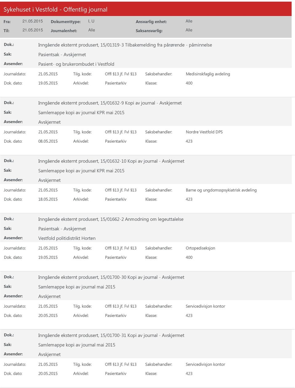 2015 Arkivdel: Pasientarkiv 423 Inngående eksternt produsert, 15/01632-10 Kopi av journal - Samlemappe kopi av journal KPR mai 2015 Barne og ungdomsspsykiatrisk avdeling Dok. dato: 18.05.