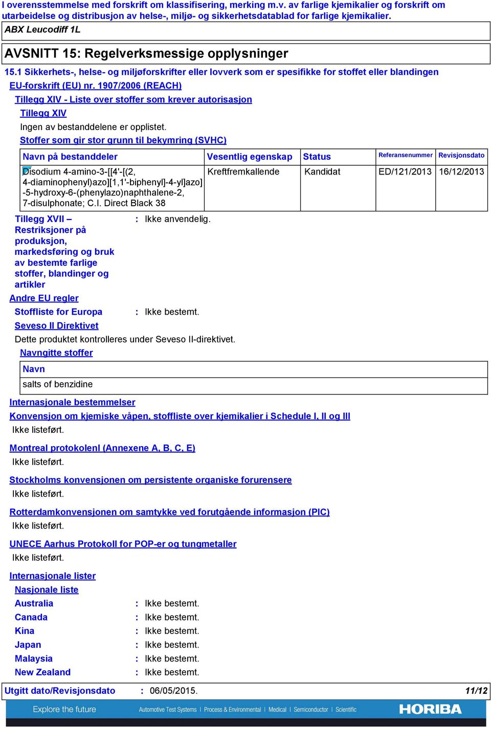 1907/2006 (REACH) Tillegg XIV Liste over stoffer som krever autorisasjon Tillegg XIV Ingen av bestanddelene er opplistet.
