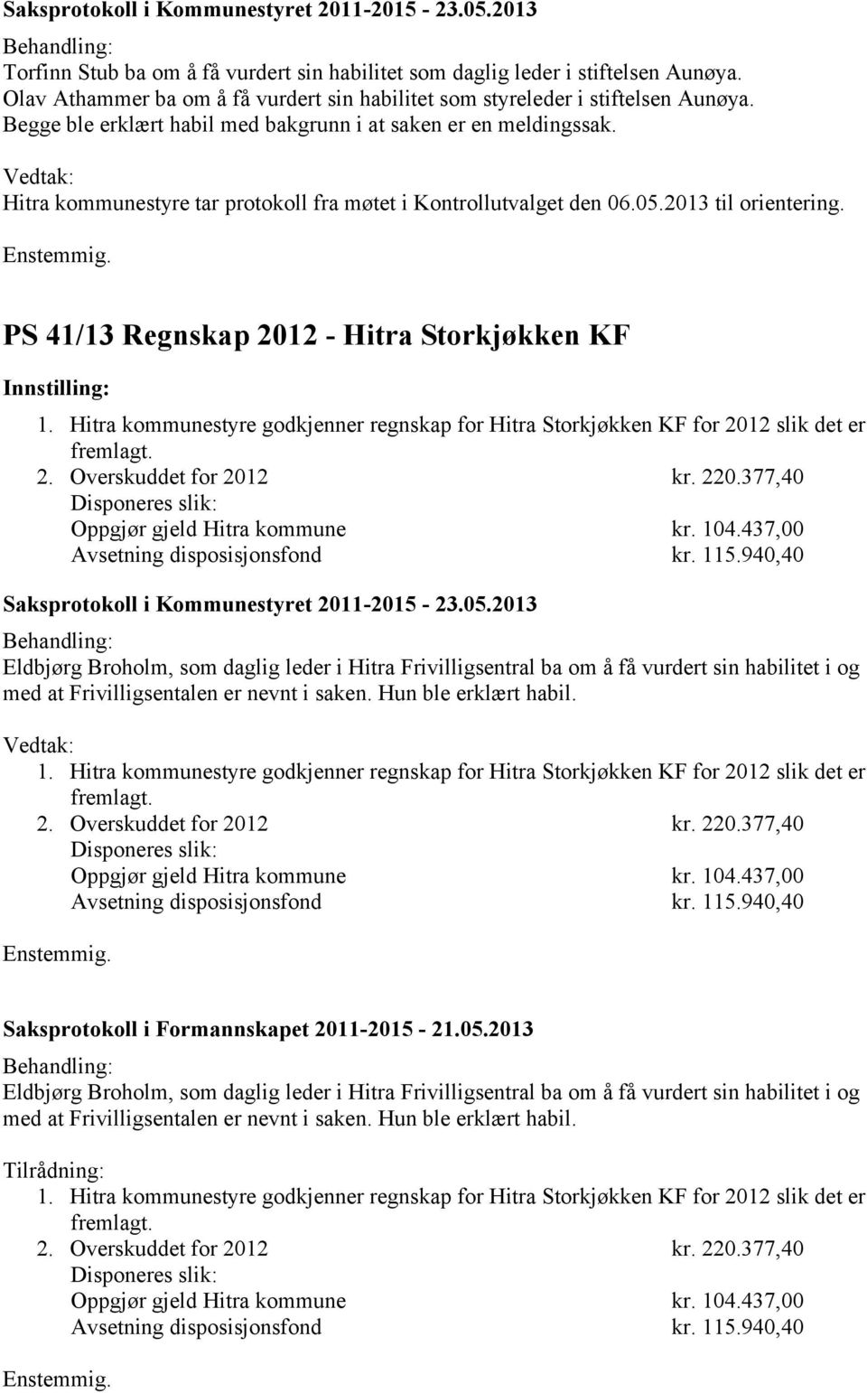 PS 41/13 Regnskap 2012 - Hitra Storkjøkken KF 1. Hitra kommunestyre godkjenner regnskap for Hitra Storkjøkken KF for 2012 slik det er fremlagt. 2. Overskuddet for 2012 kr. 220.